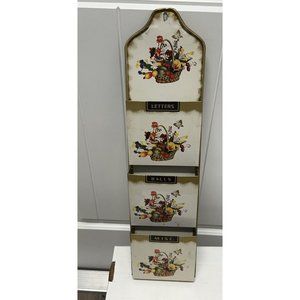 VINTAGE METAL TIN LETTERS BILLS MISC SLOT HOLDER WALL ORGANIZER RACK FLORAL GOLD